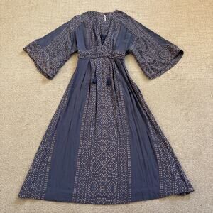 Free People Modern Kimono Dress Flutter Sz 0 Denim Combo Blue Lace Up Maxi Boho
